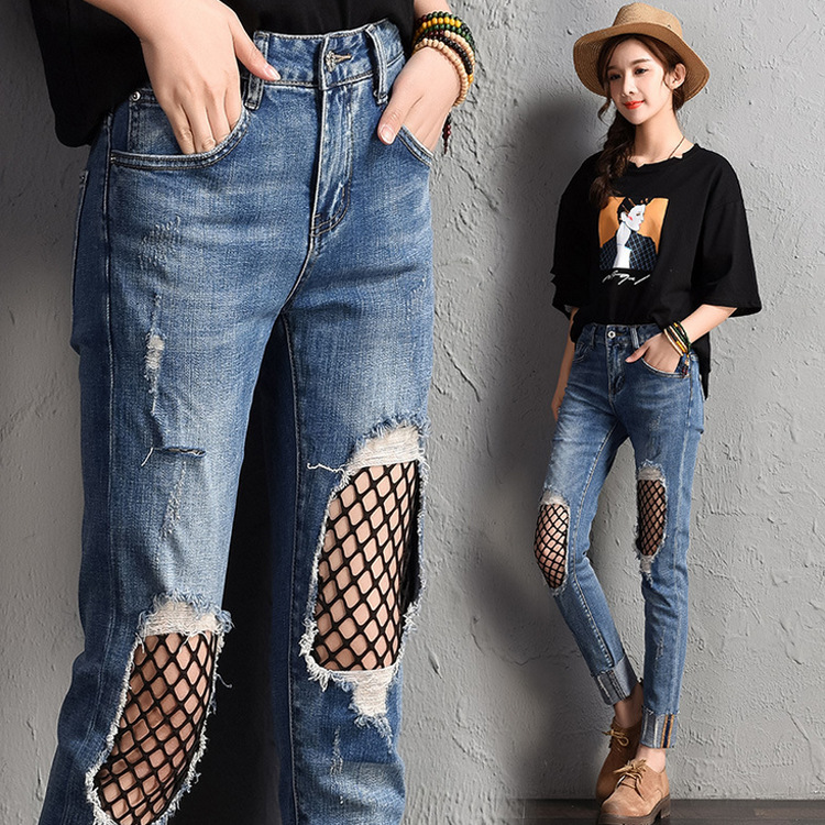 Fashion-hole-flanging-gauze-ladies-casual-jeans