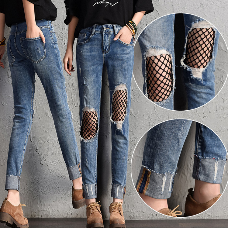 Fashion-hole-flanging-gauze-ladies-casual-jeans