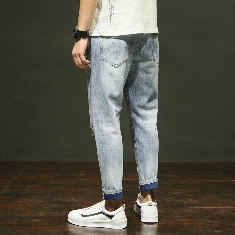 Loose-hole-elastic-slim-denim-pants