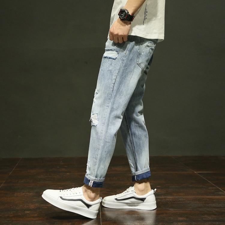 Loose-hole-elastic-slim-denim-pants