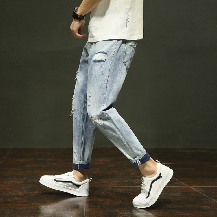 Loose-hole-elastic-slim-denim-pants