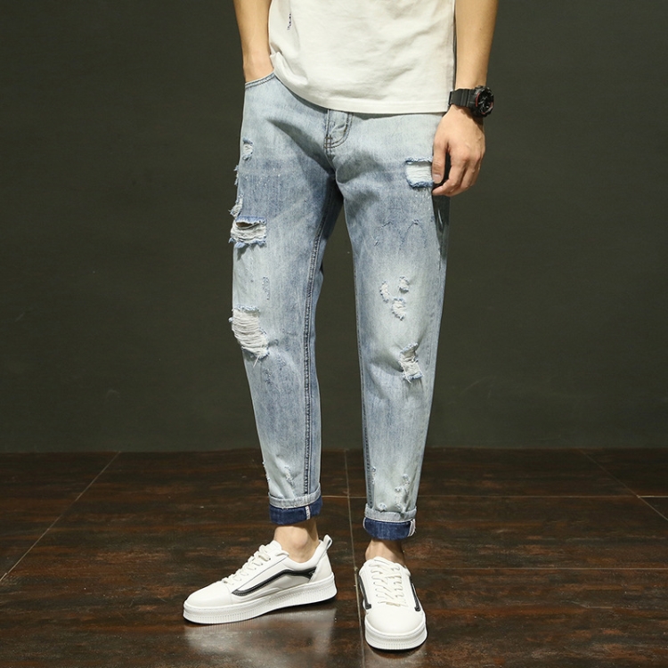 Loose-hole-elastic-slim-denim-pants