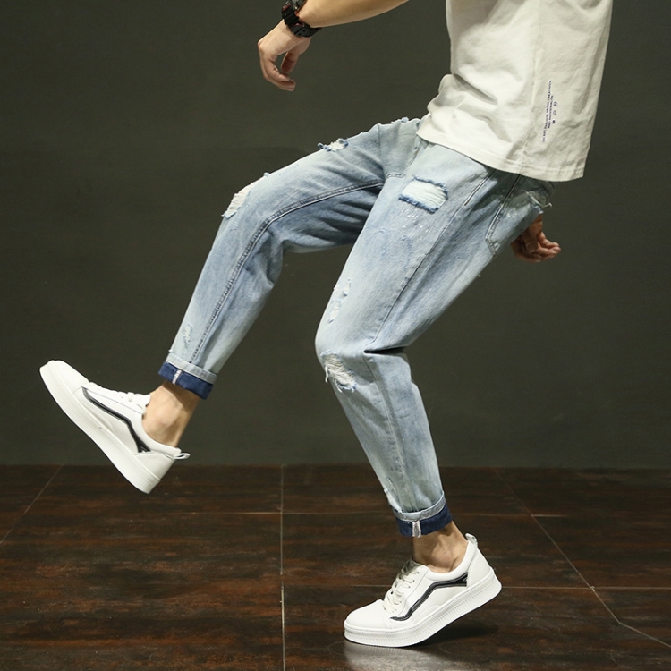 Loose-hole-elastic-slim-denim-pants