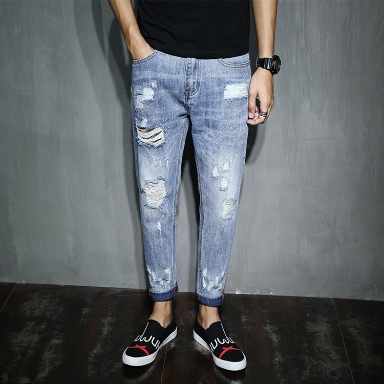 Mid-waist-hole-stretch-slim-denim-pants