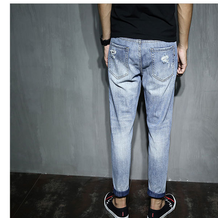 Mid-waist-hole-stretch-slim-denim-pants