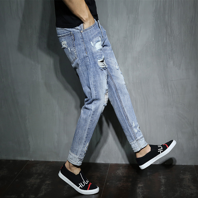 Mid-waist-hole-stretch-slim-denim-pants