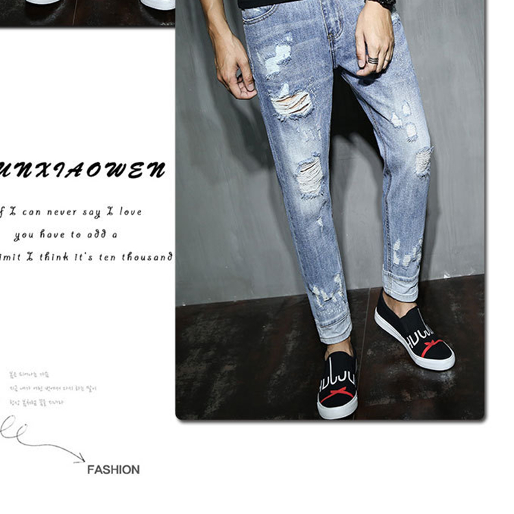 Mid-waist-hole-stretch-slim-denim-pants