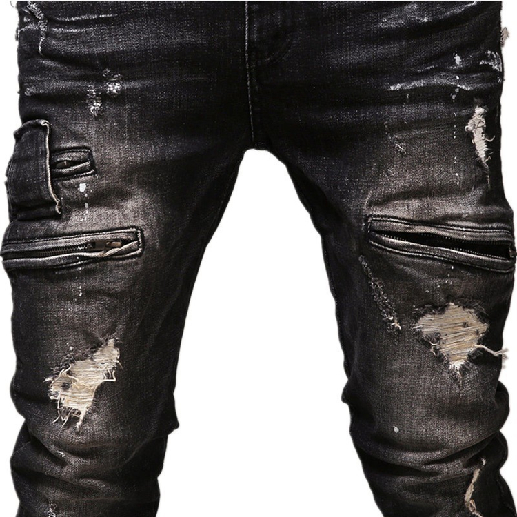 Pure-black-worn-elastic-straight-jeans