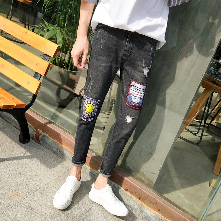 Slim-fit-printed-decorative-denim-pants