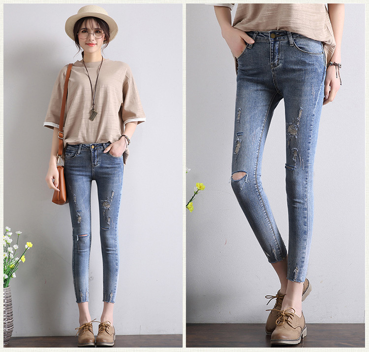 Wholesale-Nine-points-jeans-hole-pencil-pants-burrs-feet