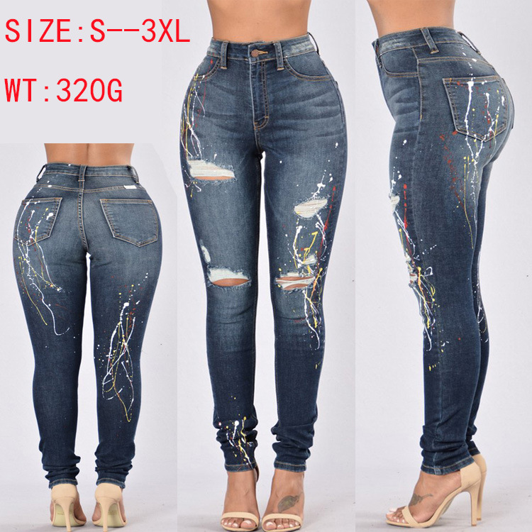 Wholesale-Punching-Paint-Printing-Stretch-Jeans-leggings