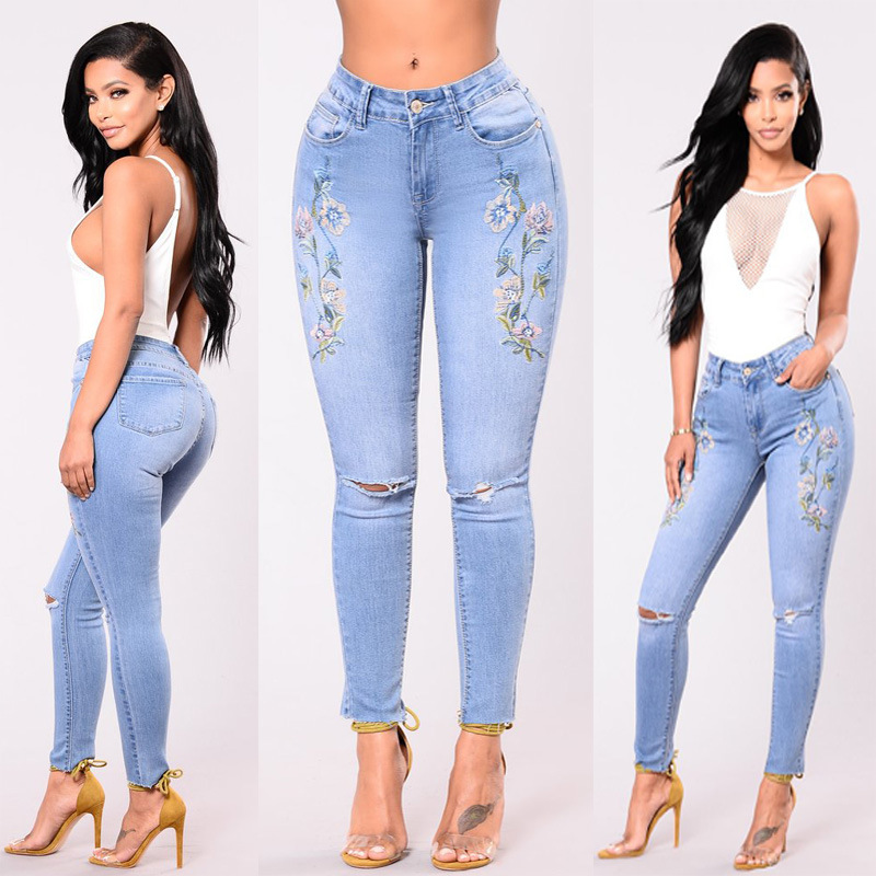 Wholesale-elastic-embroidered-high-waist-jeans-leggings-woman