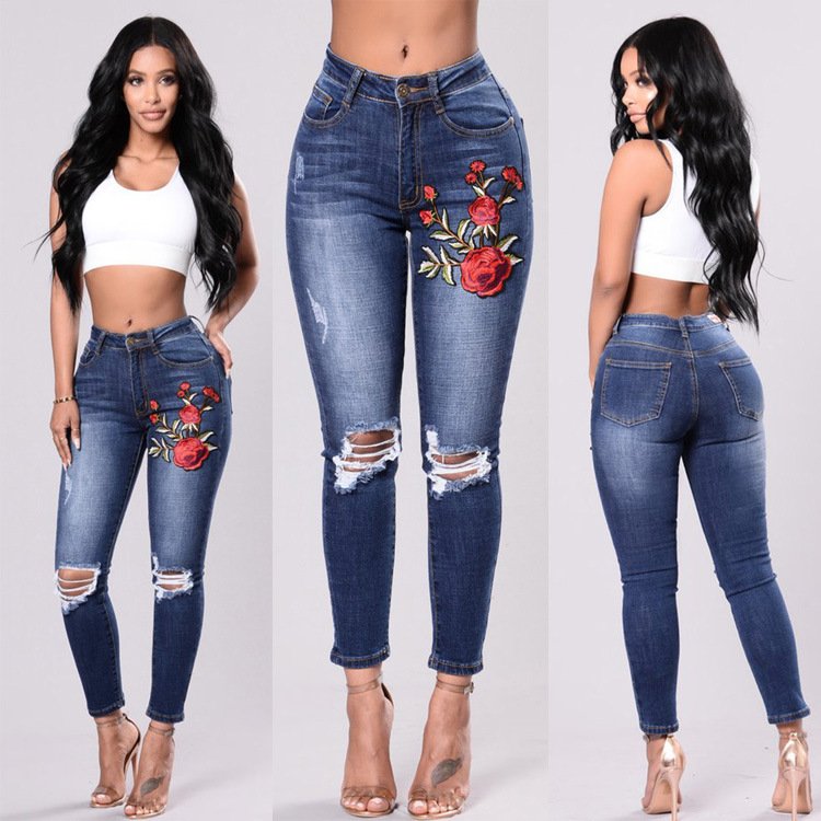 Wholesale-fashion-hole-embroidery-stretch-jeans-woman