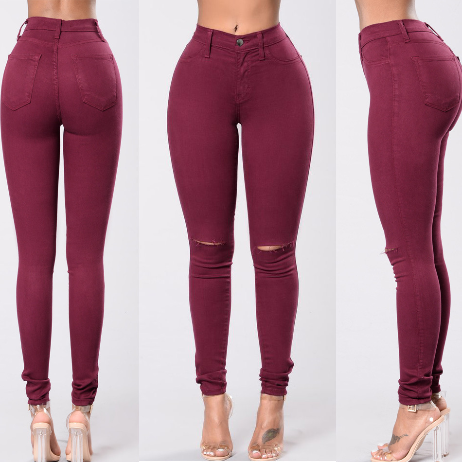 Wholesale-hole-color-elastic-jeans-leggings-woman