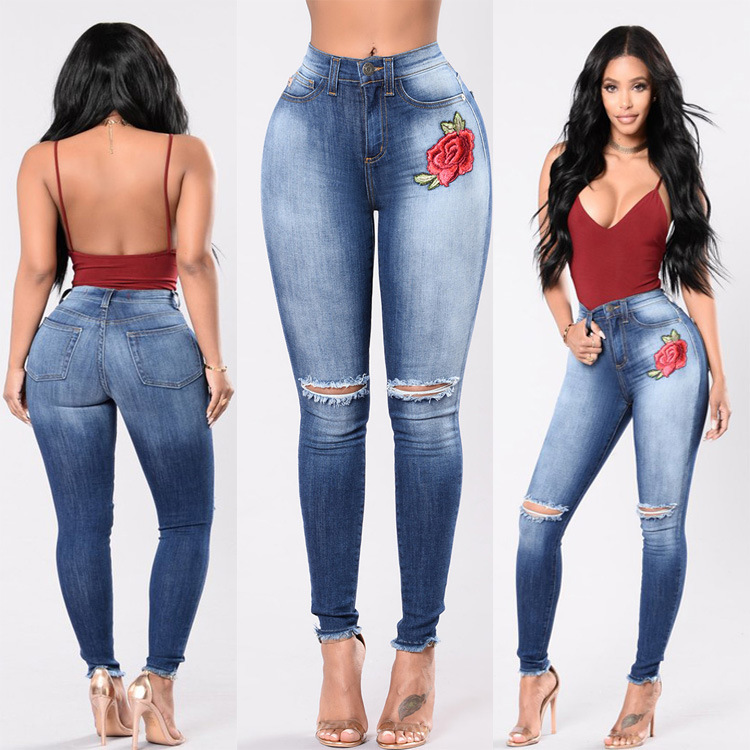 Wholesale-rose-embroidery-elastic-jeans-leggings-woman