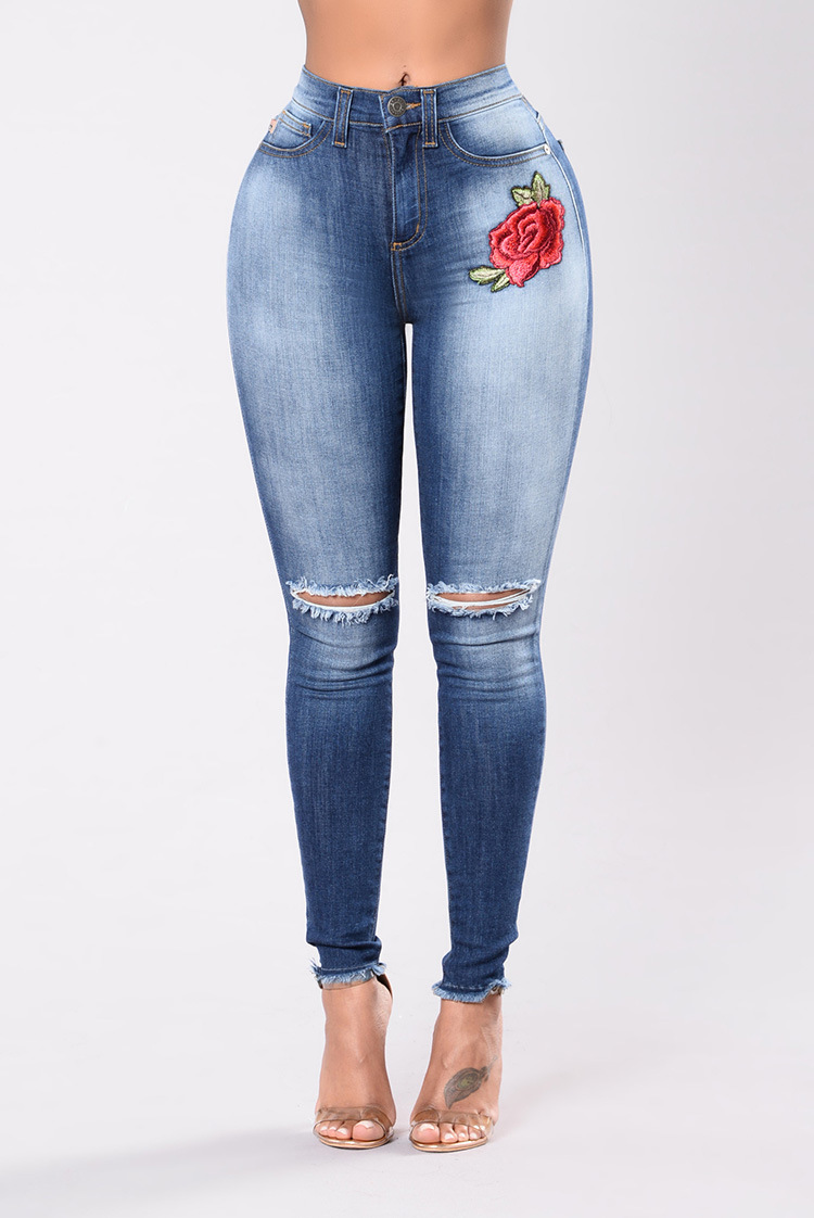 Wholesale-rose-embroidery-elastic-jeans-leggings-woman