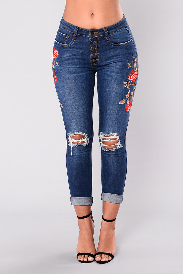 Wholesale-rose-embroidery-elastic-jeans-leggings-woman