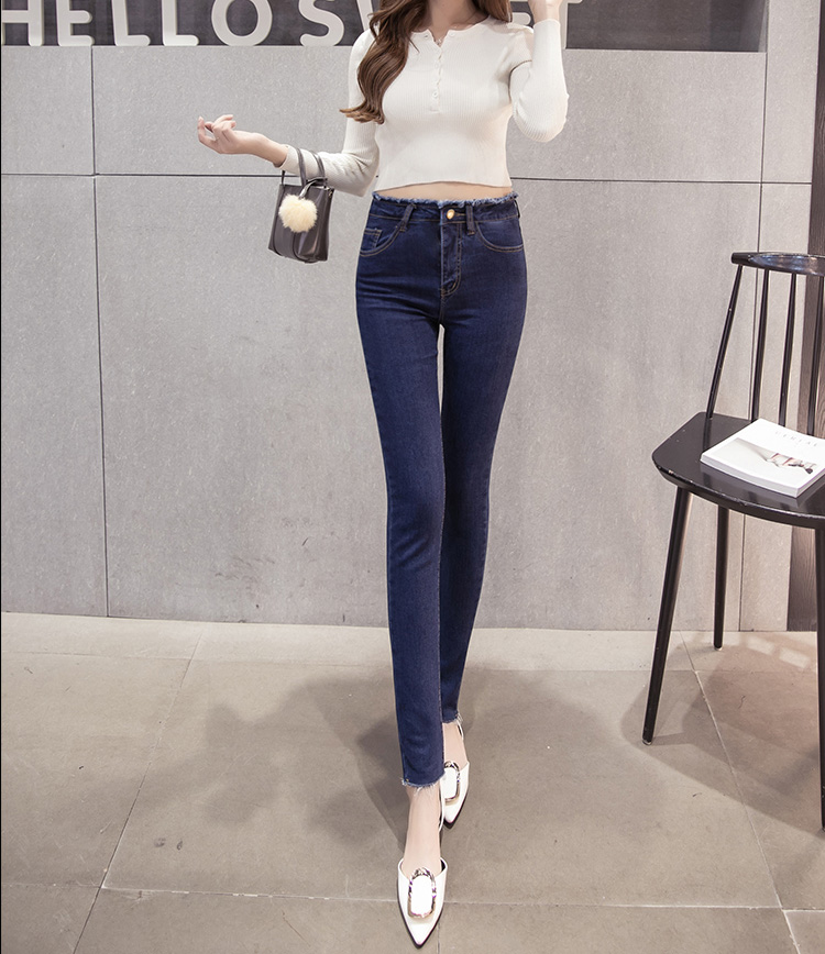 Wholesale-sanding-high-waist-denim-edge-pencil-pants