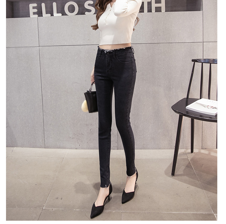 Wholesale-sanding-high-waist-denim-edge-pencil-pants