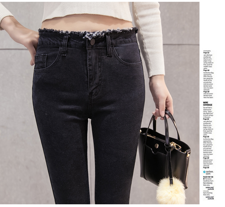 Wholesale-sanding-high-waist-denim-edge-pencil-pants