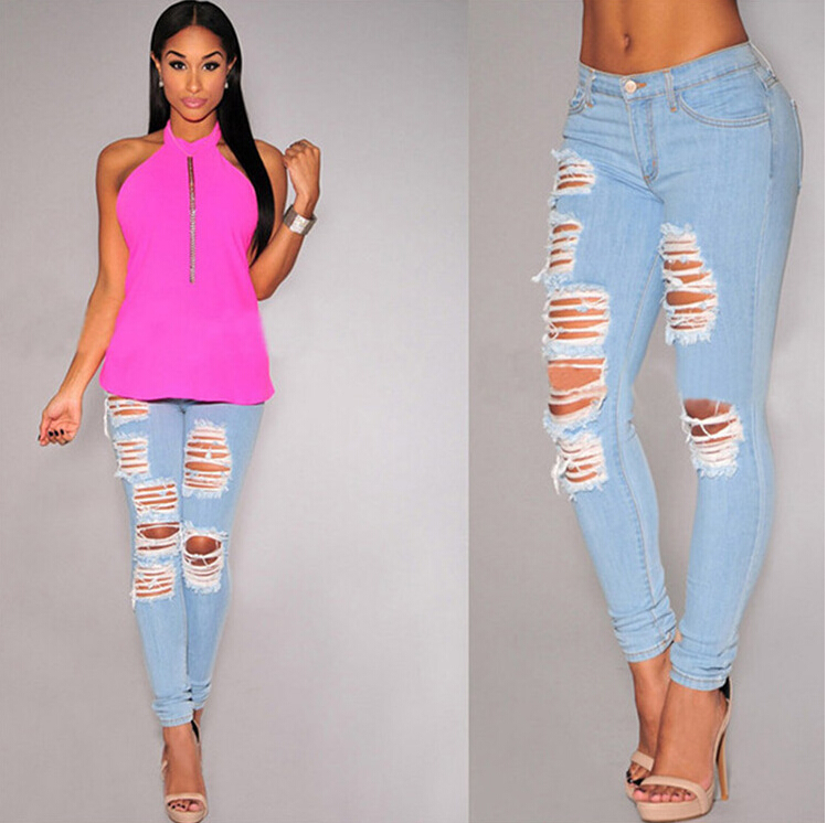 Women-leisure-tall-waist-knee-broken-hole-jeans