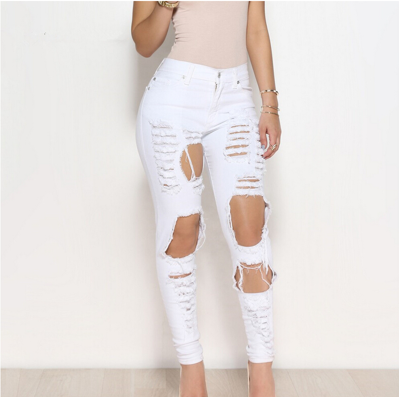Women-leisure-tall-waist-knee-broken-hole-jeans