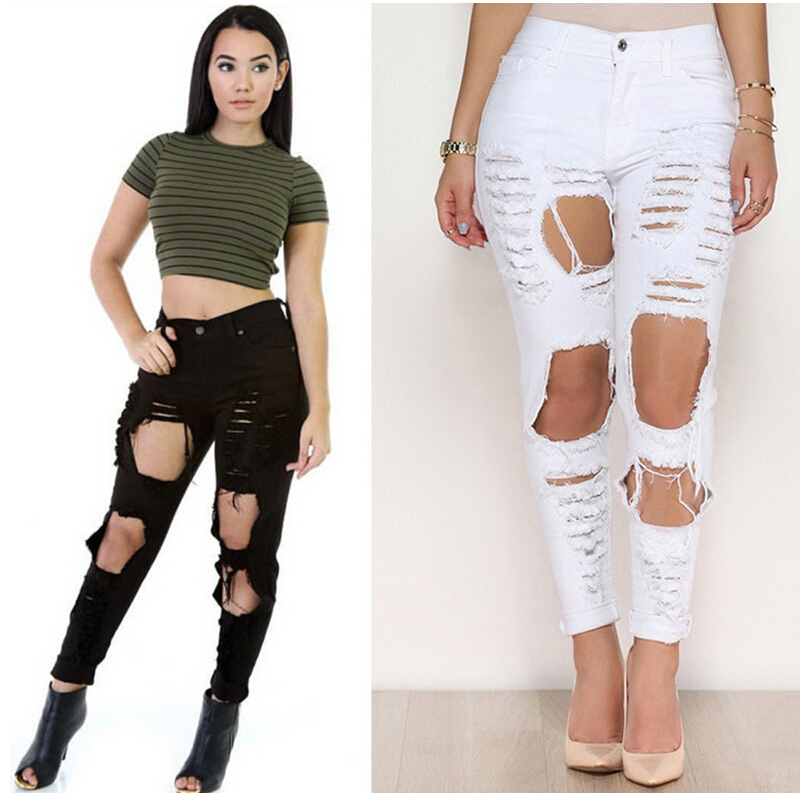 Women-leisure-tall-waist-knee-broken-hole-jeans