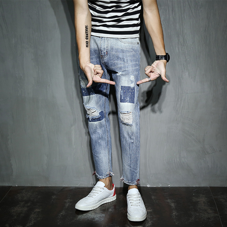 ole-printed-elastic-slim-denim-pants