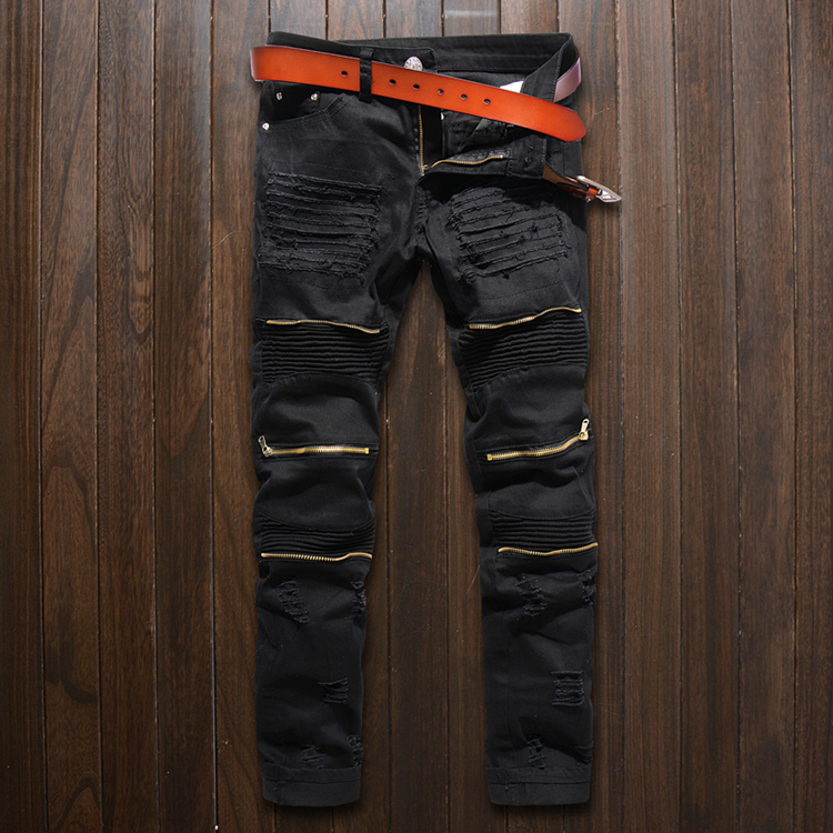 ole-slim-elasticity-multiple-zipper-motorcycle-jeans