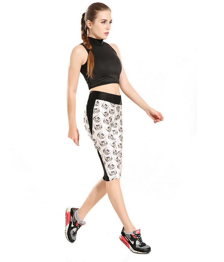 Print-cartoon-cute-cat-head-tall-waist-seven-female-trousers-wholesale