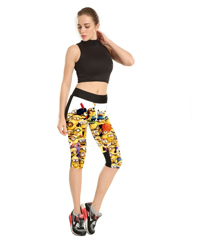 Retail-digital-cartoon-cute-little-yellow-man-tall-waist-7-points-movement-pant-wholesale