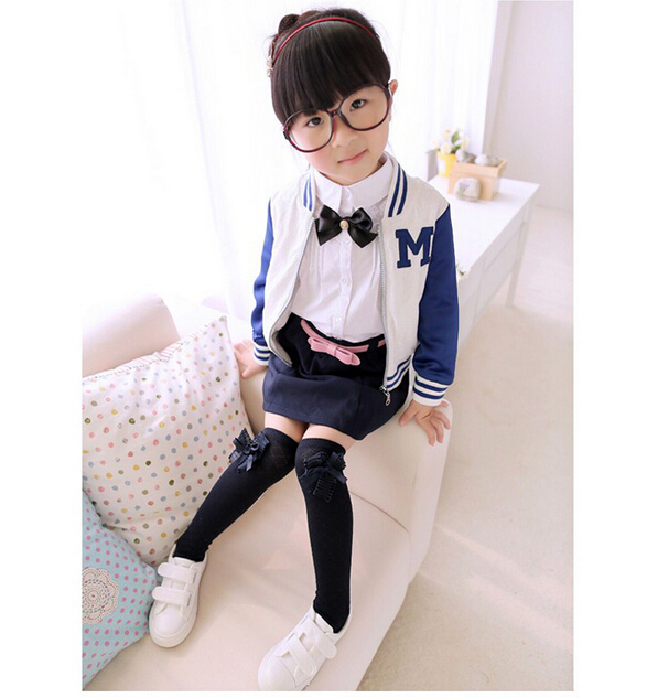 Children-cotton-gauze-bowknot-square-grid-knee-high-socks-wholesale