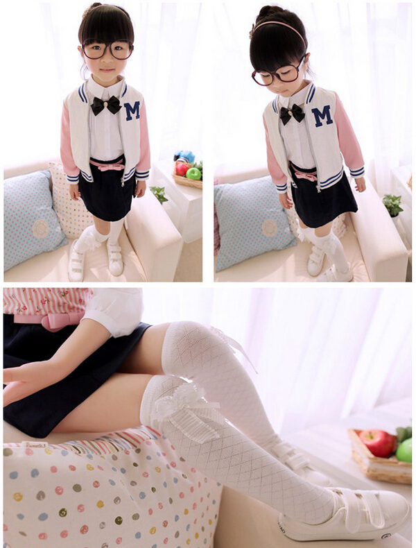 Children-cotton-gauze-bowknot-square-grid-knee-high-socks-wholesale