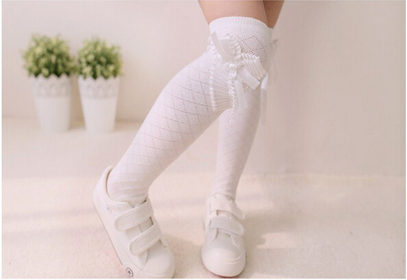 Children-cotton-gauze-bowknot-square-grid-knee-high-socks-wholesale
