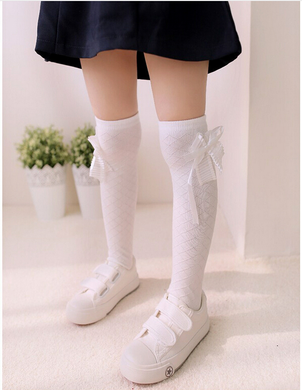 Children-cotton-gauze-bowknot-square-grid-knee-high-socks-wholesale