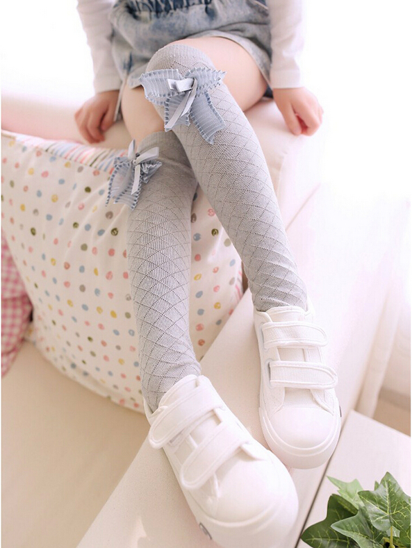 Children-cotton-gauze-bowknot-square-grid-knee-high-socks-wholesale