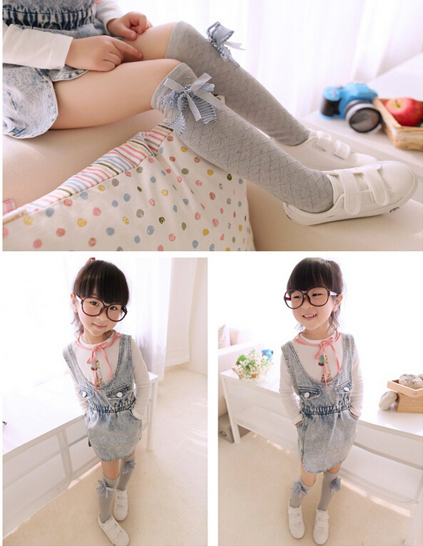 Children-cotton-gauze-bowknot-square-grid-knee-high-socks-wholesale