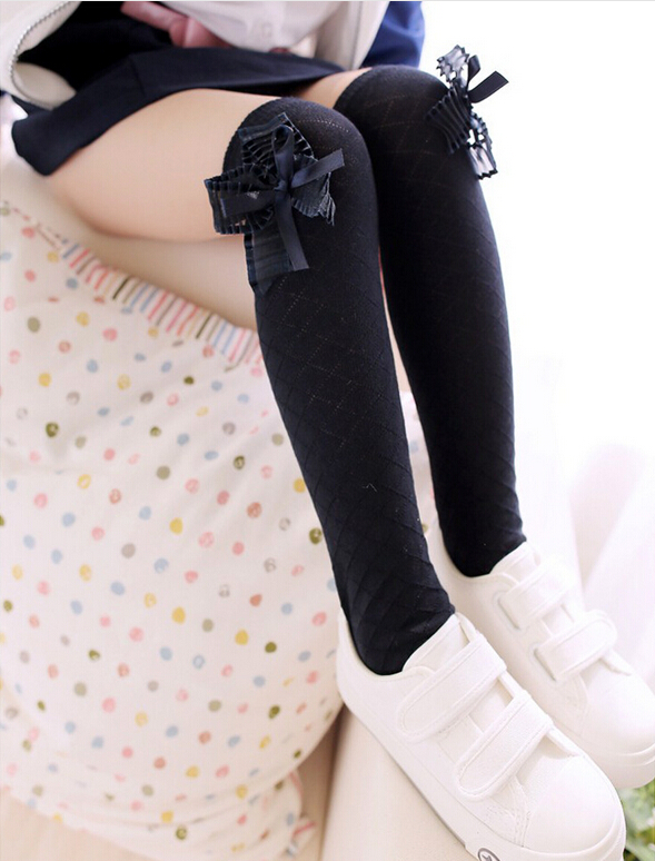 Children-cotton-gauze-bowknot-square-grid-knee-high-socks-wholesale