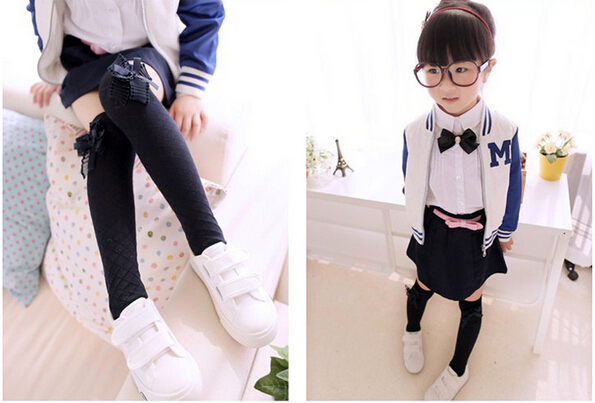 Children-cotton-gauze-bowknot-square-grid-knee-high-socks-wholesale