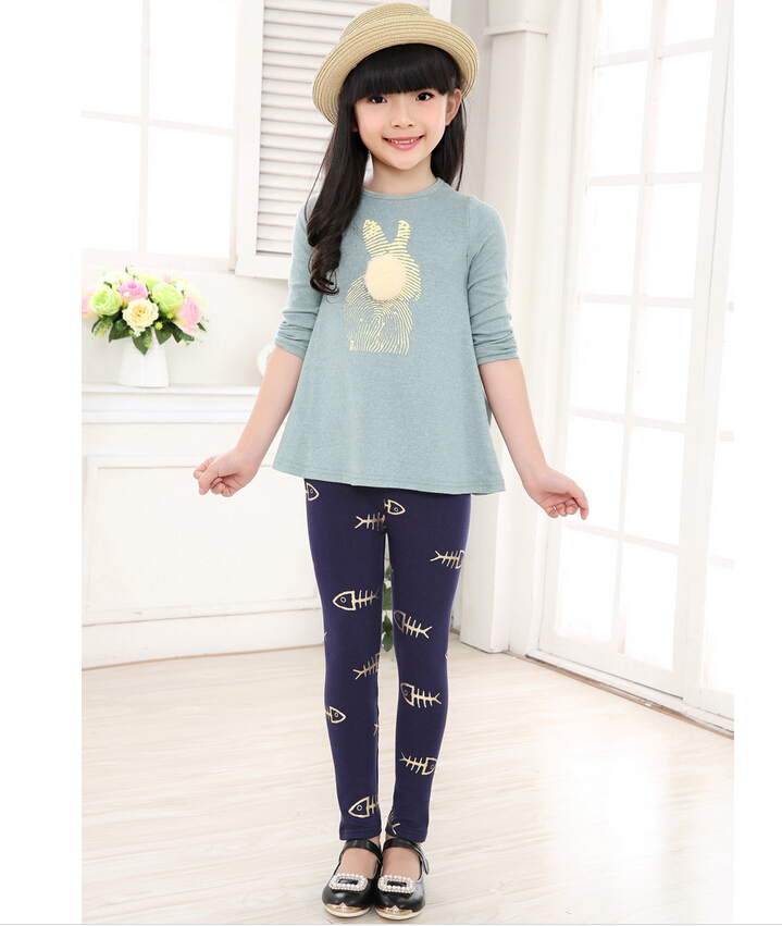 Gold-star-fish-bones-pattern-cotton-children-leggings-wholesale