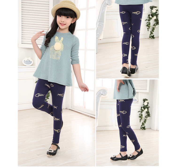 Gold-star-fish-bones-pattern-cotton-children-leggings-wholesale