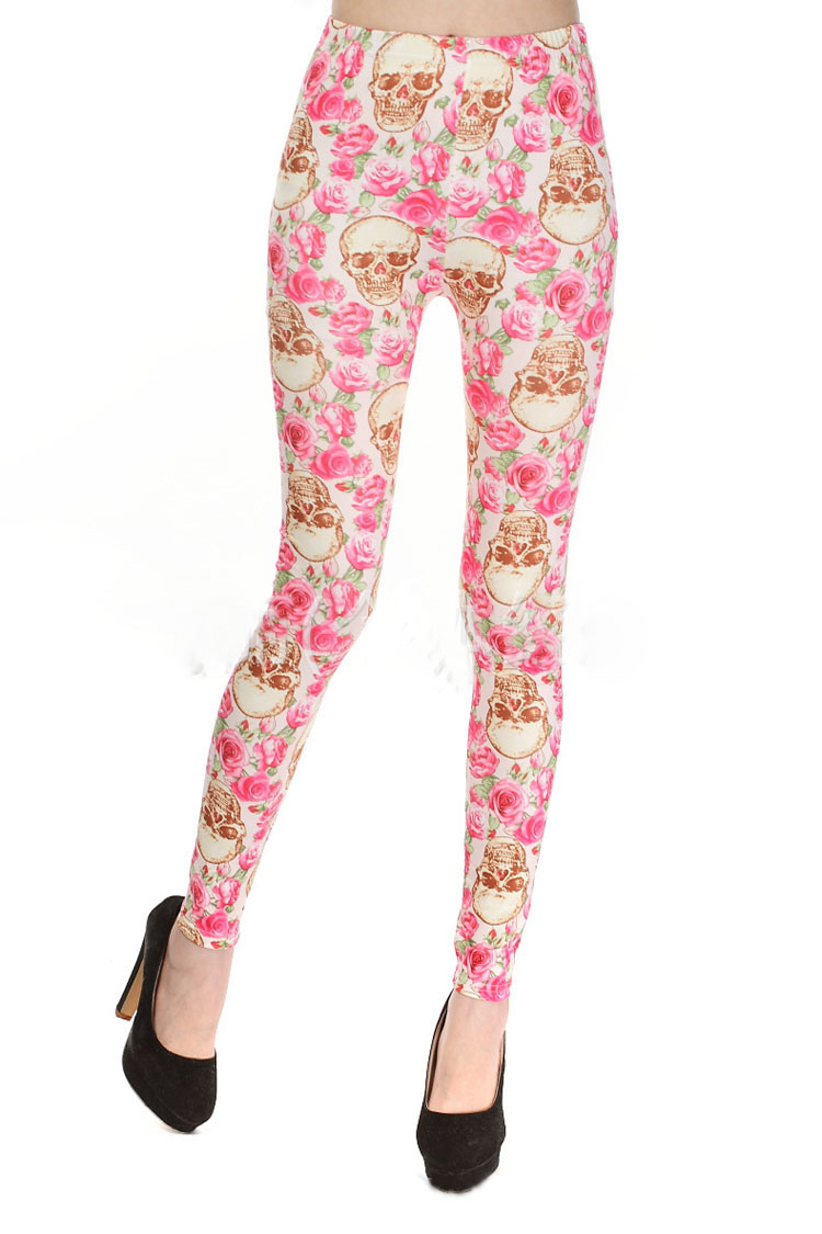 Rose-pink-skull-print-womens-red-leggings-wholesale