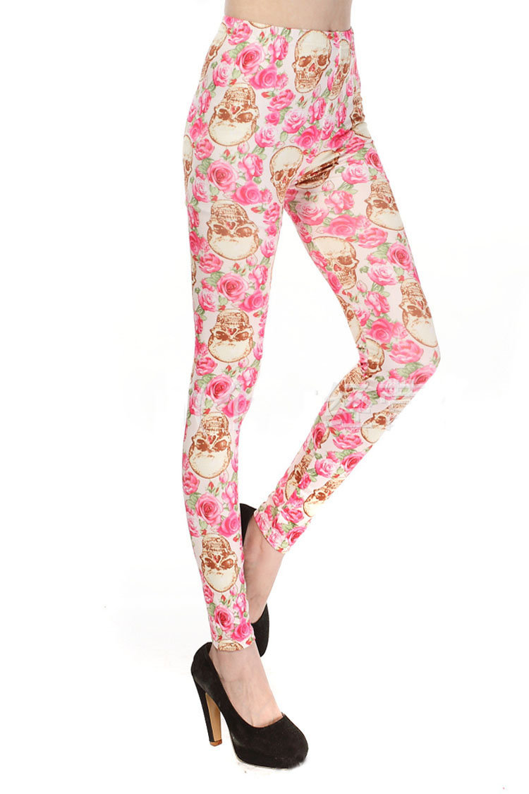 Rose-pink-skull-print-womens-red-leggings-wholesale