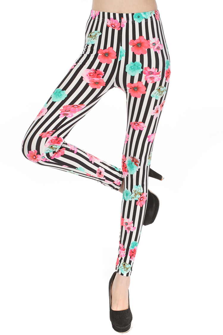 Vertical-stripes-floral-print-embellished-leggings