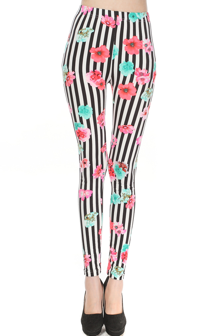 Vertical-stripes-floral-print-embellished-leggings