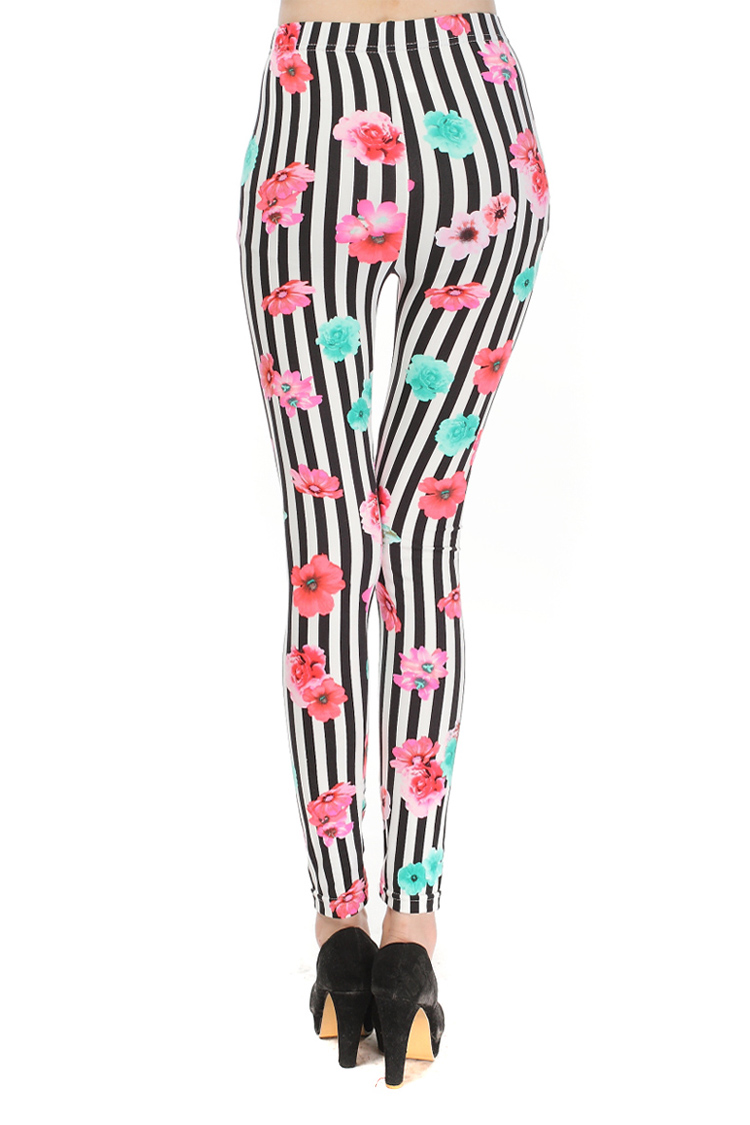 Vertical-stripes-floral-print-embellished-leggings
