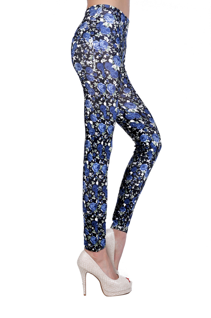 Blue-Rose-Print-royal-blue-leggings-wholesale