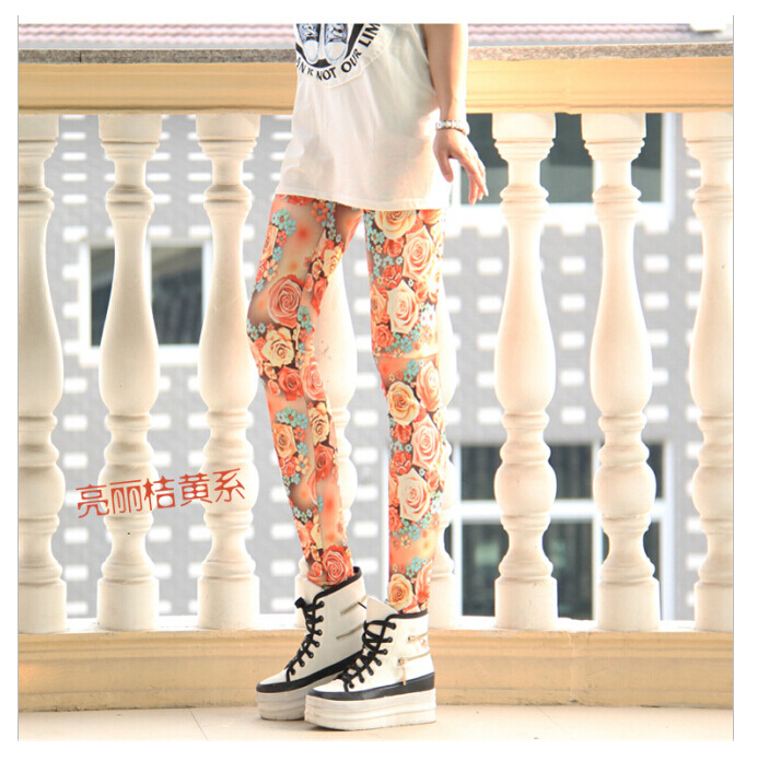 Female-popular-color-roses-printed-leggings-wholesale