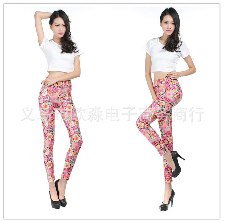 Female-popular-color-roses-printed-leggings-wholesale