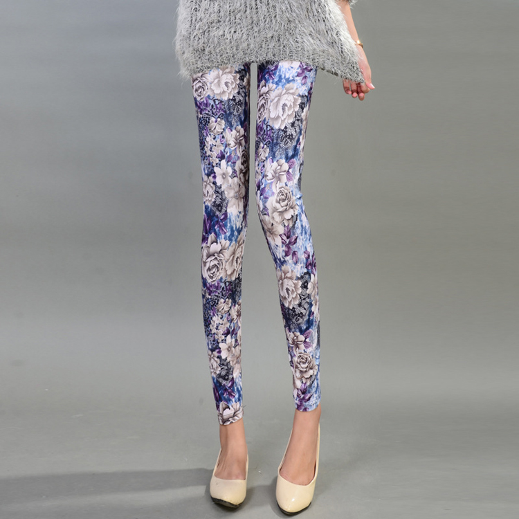 Sanding-Flower-Printed-bright-blue-Leggings-wholesale